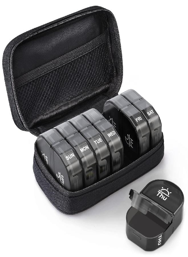 AUV0N AUVON Canvas Bag Travel Pill Organizer 2 Times a Day, Large AM/PM Weekly Pill Box 7 Day Pill Case with Portable Black Zipper Cloth Bag for Holding Supplements, Vitamins and Fish Oils - Image 1